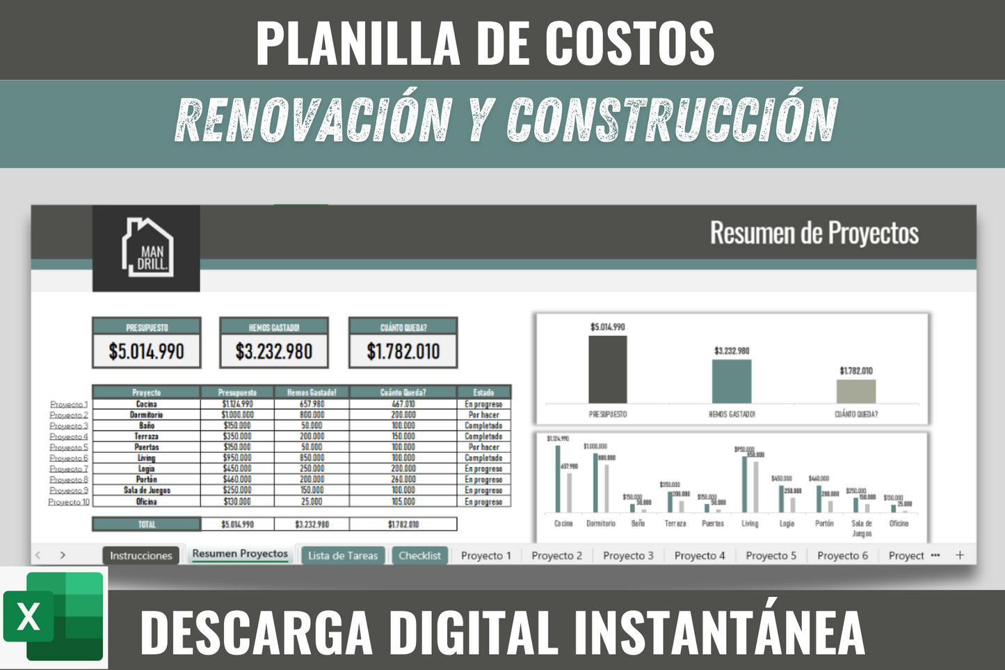 Planilla de costos de renovación y construcción (Descarga Digital)